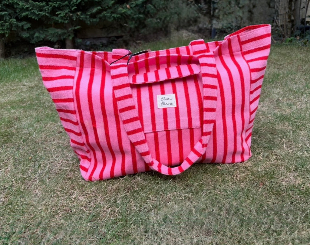 Grand sac rayé rouge et rose – Idéal pour la plage, les vacances et le quotidien