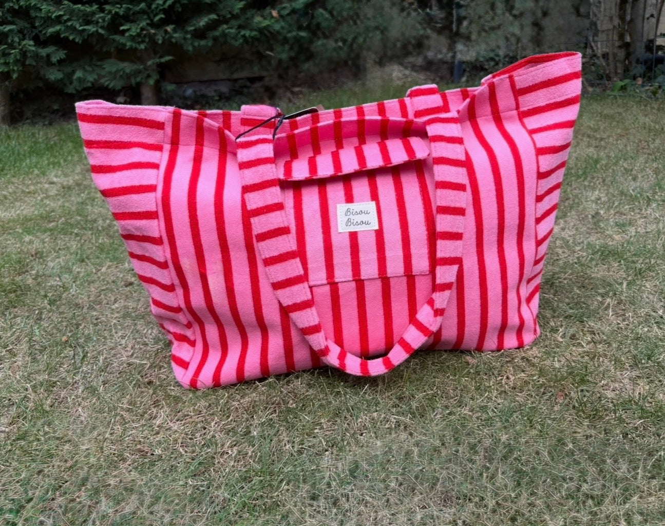 Grand sac rayé rouge et rose – Idéal pour la plage, les vacances et le quotidien