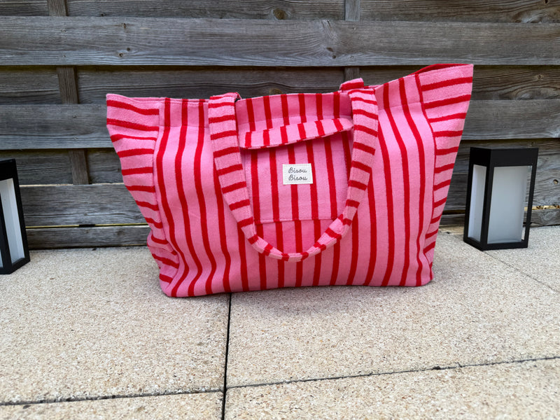 Grand sac rayé rouge et rose – Idéal pour la plage, les vacances et le quotidien