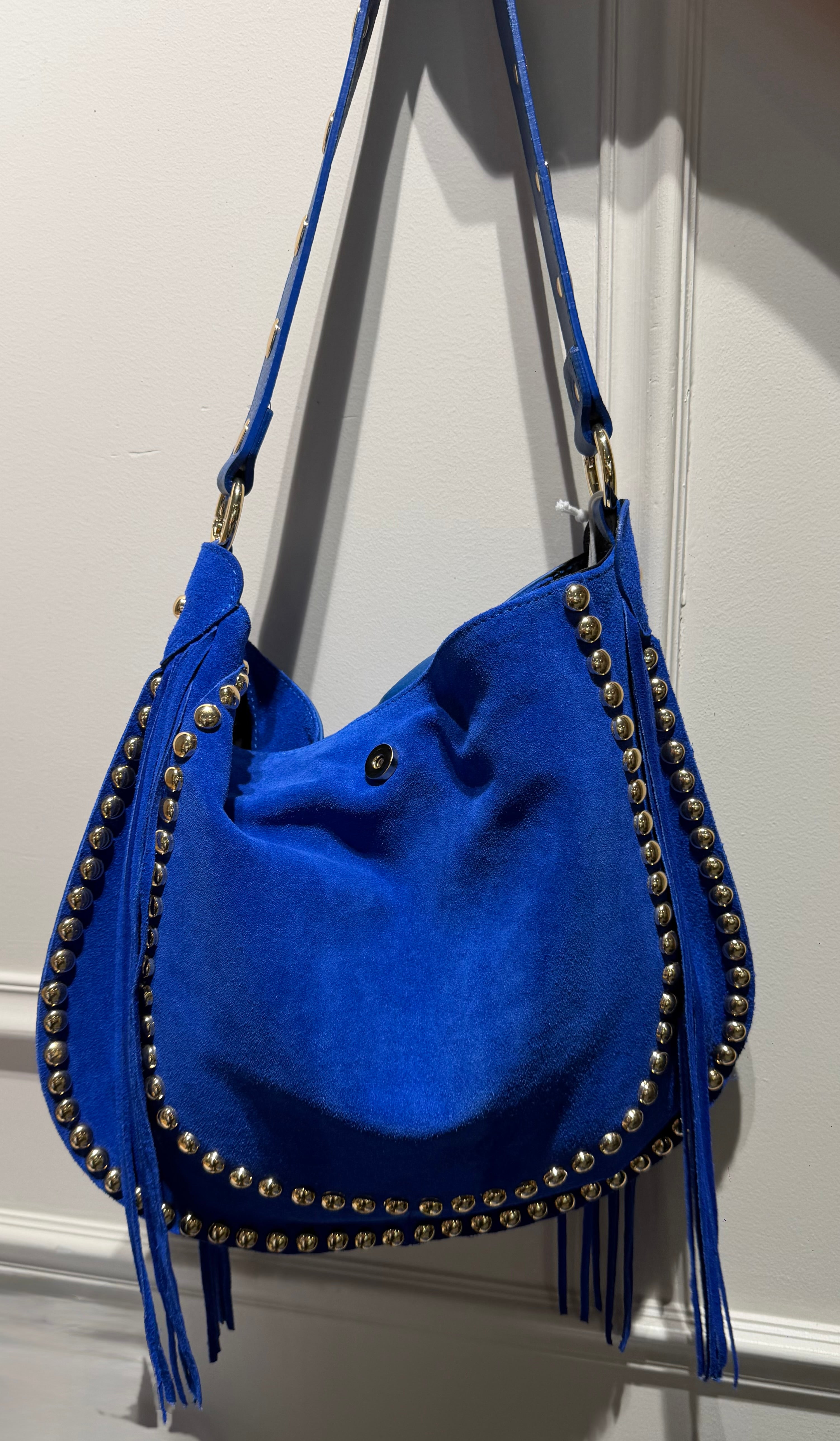 Sac Capri Bleu Électrique – 100 % Cuir Véritable – Franges & Clous Dorés – Fabrication Italienne 🇮🇹