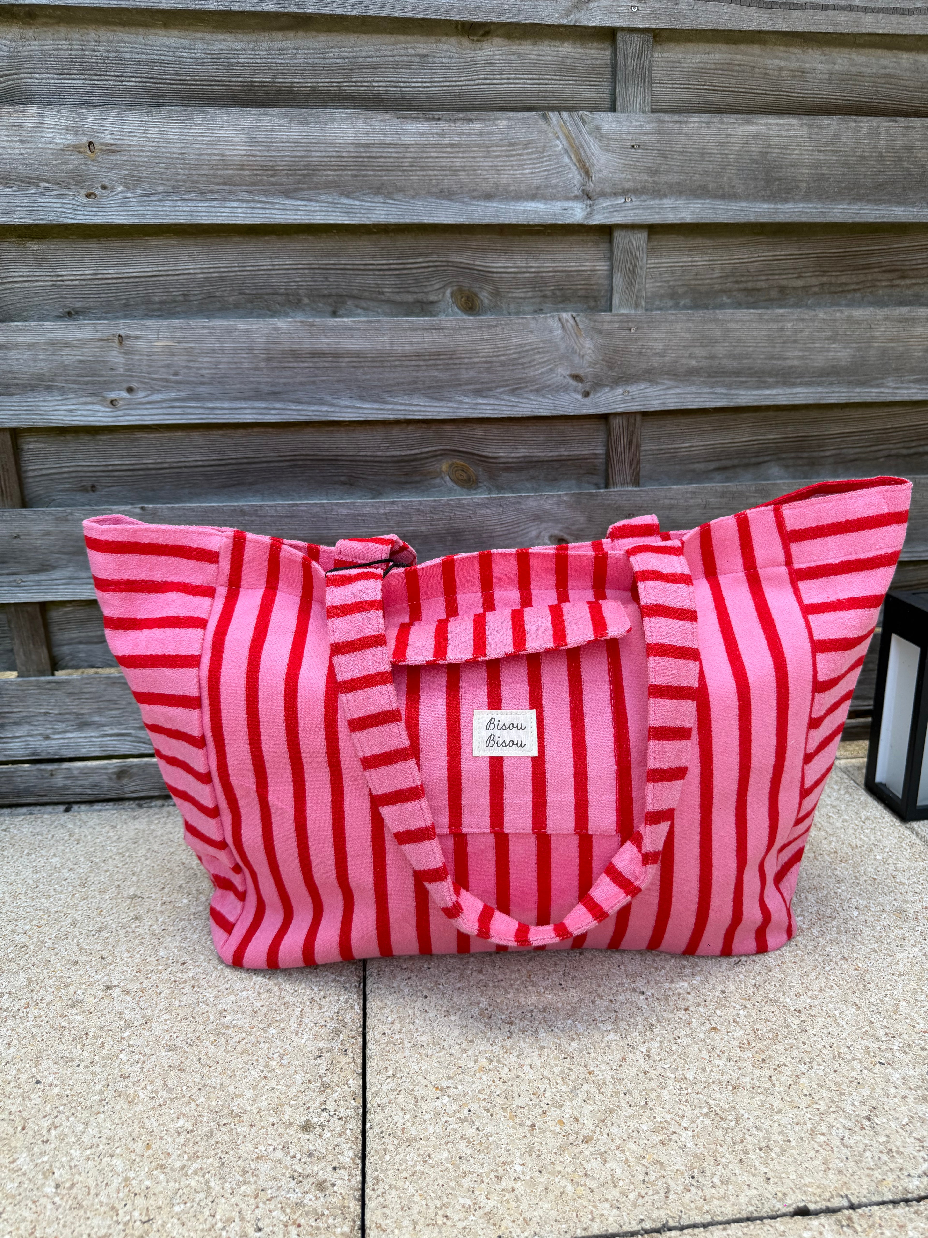 Grand sac rayé rouge et rose – Idéal pour la plage, les vacances et le quotidien