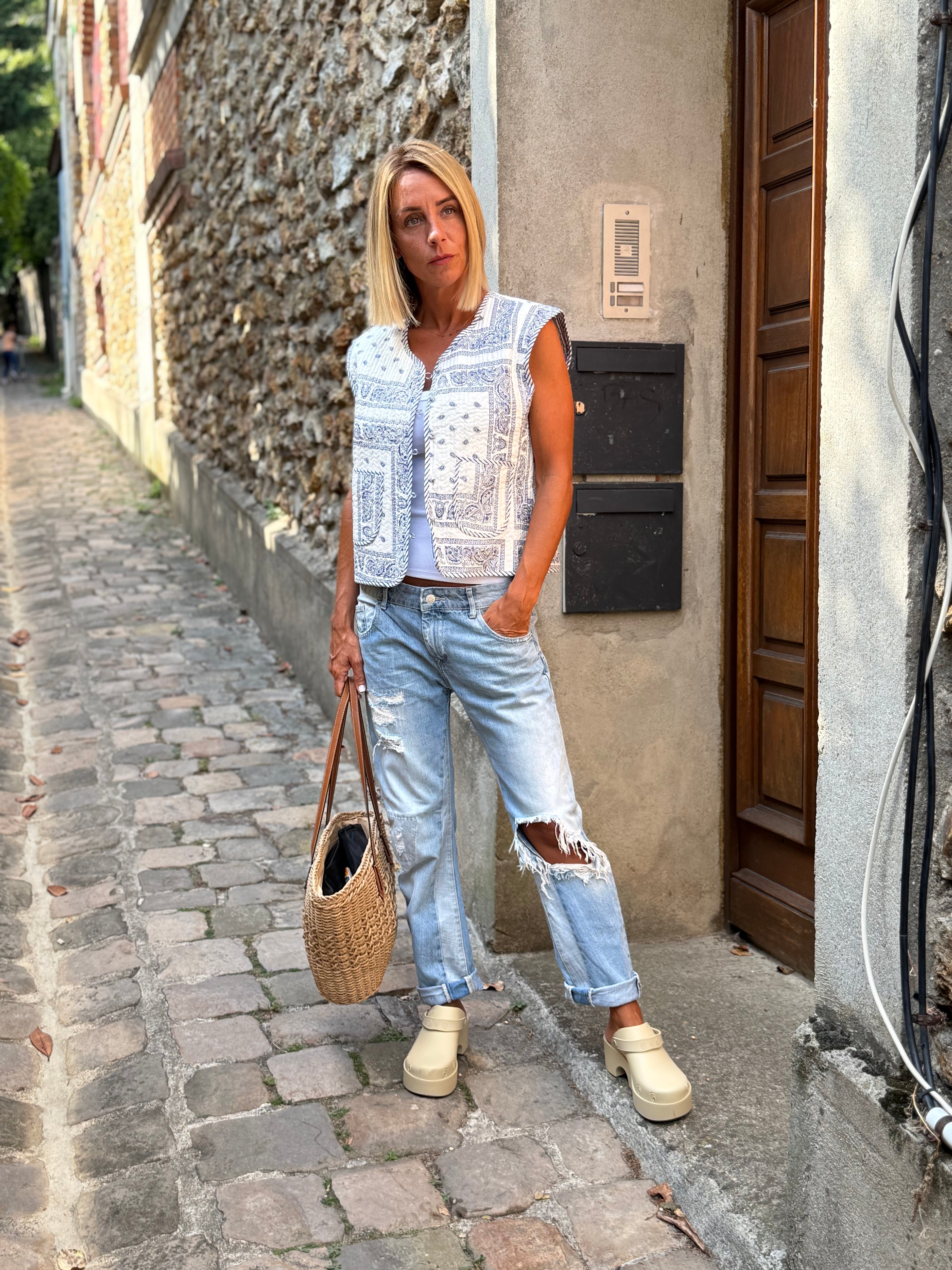 Veste Sans Manche Bandana Matelassée 100% Coton – Blanc & Bleu Marine – Taille Unique