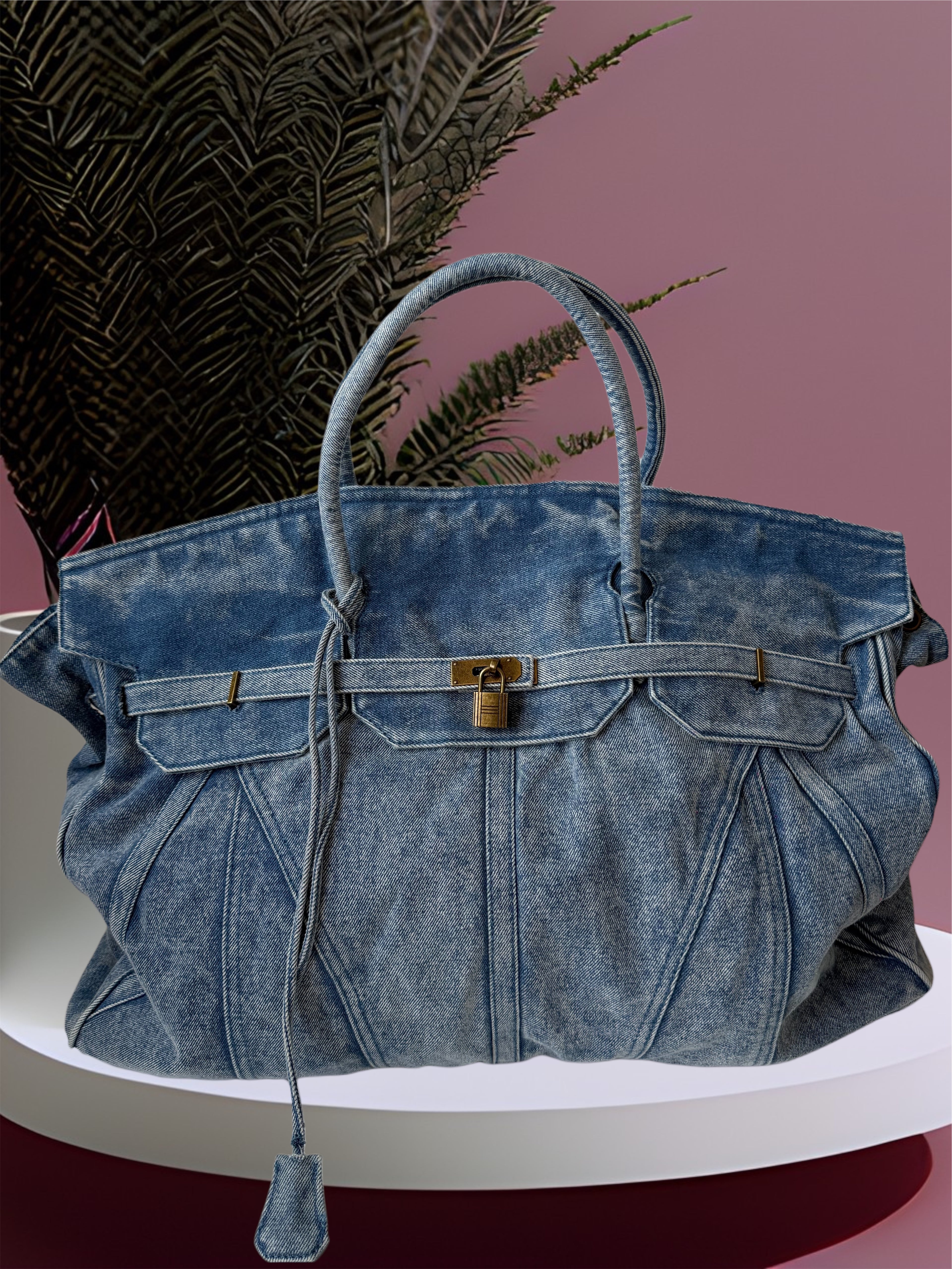 Sac Léonie en jean – Grand sac avec bandoulière réglable et cadenas
